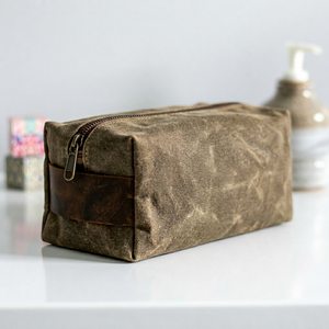 Premium <b>Mens</b> Canvas Leather Toiletry Bag Custom Logo Vintage Travel Dopp Kit Waterproof Shaving Cosmetic <b>Pouch</b> LCTB-0004E - Product Image 1