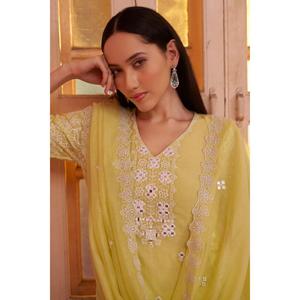 Hot Sale <b>Women</b> Yellow Ethnic Motifs Embroidered Mirror Work Pure Cotton <b>Kurta</b> with Matching Trousers and Dupatta - Product Image 4