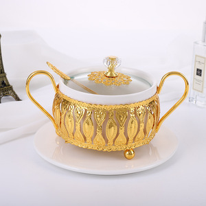 Metall Gold Runde Zucker topf Zucker glas Schüssel Keramik Mit Griff Deckel Löffel Glas abdeckung Küche Gewürz glas Gewürz Kaffee Tee - Product Image 3