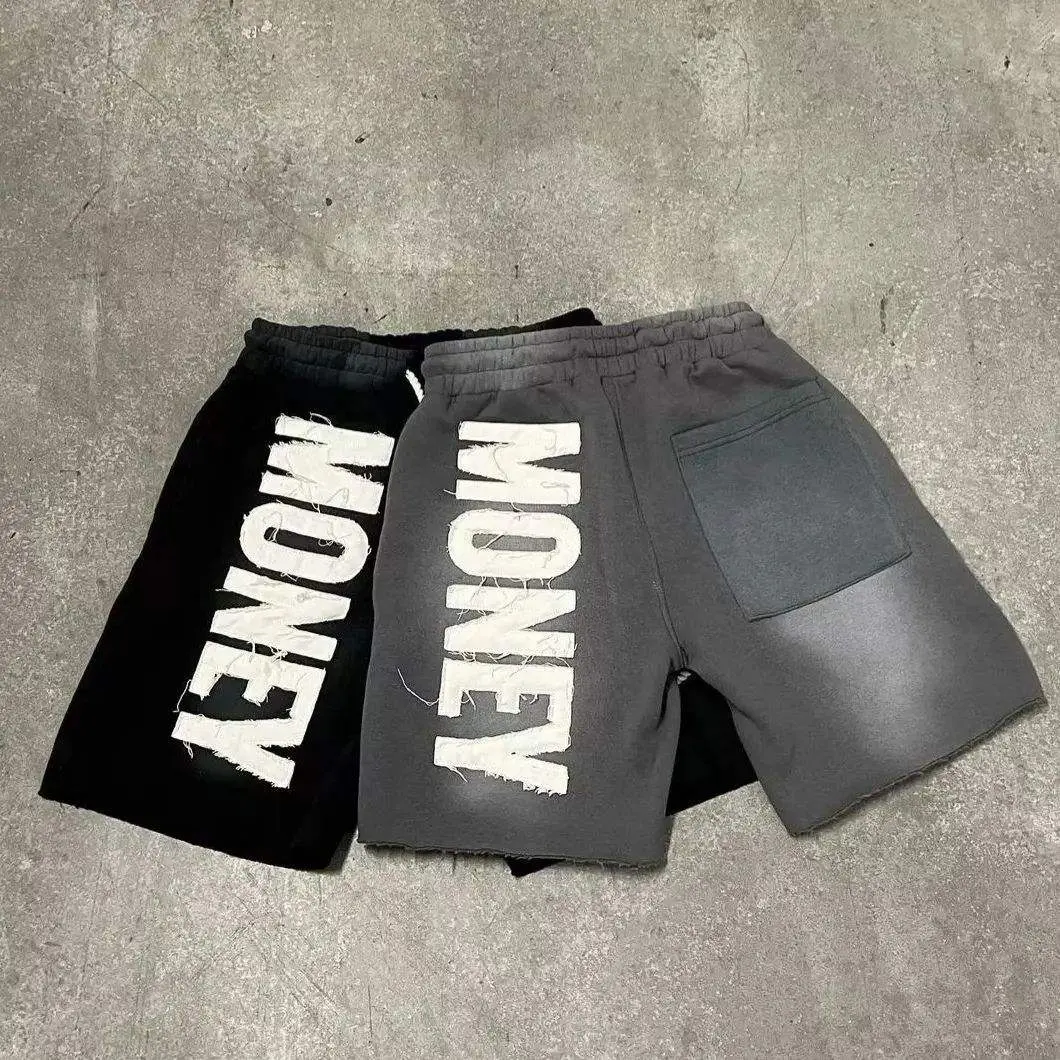 Jogger personalizado 100% algodón Vintage desgastado bordado pantalones cortos Streetwear borde crudo parche apliques ácido lavado pantalones cortos para hombres