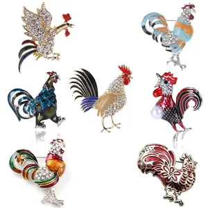Broche de gallo para aves de corral, joyería del zodiaco con diamantes de imitación, esmalte, Animal