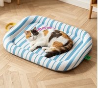 Tapis rafraîchissant pour animaux de compagnie en soie glacée rayé bleu et blanc, avec rebord intégral, imprimé chat de dessin animé, doux et lavable, pour lit de chat et chien