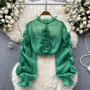 HANOU轻奢华女孩风格灯笼袖衬衫女式纱布立体花朵宽松设计衬衫 - Product Image 3