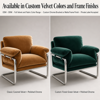 Fauteuil lounge individuel en velours d'inspiration Bauhaus du milieu du siècle ; Fauteuil club minimaliste italien légèrement luxueux avec accoudoirs en métal