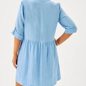 Vestido de Lino de Manga Corta Elegante para Mujer, Diseño a Rayas, Informal y Moderno, de Alta Calidad para Verano, Personalizado OEM - Product Image 4