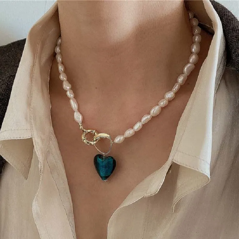 Koreanische Vintage Choker Frauen Blue Heart Barock Süßwasser natürliche Perle Halskette