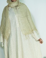 Abaya en lin beige naturel avec ensemble hijab assorti kaki clair, abaya noire ample et décontractée pour femmes musulmanes