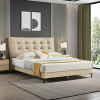Cama de cuero minimalista italiana, cama principal suave moderna de alta calidad, marco de madera maciza, cama doble lateral al ras
