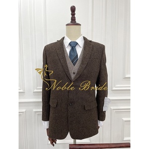 Costume 3 pièces en <span class=keywords><strong>Tweed</strong></span> <span class=keywords><strong>marron</strong></span> pour <span class=keywords><strong>homme</strong></span>, veste et <span class=keywords><strong>Blazer</strong></span> d'hiver coupe Slim à simple boutonnage, personnalisé et de haute qualité, prêt à être expédié - Product Image 2