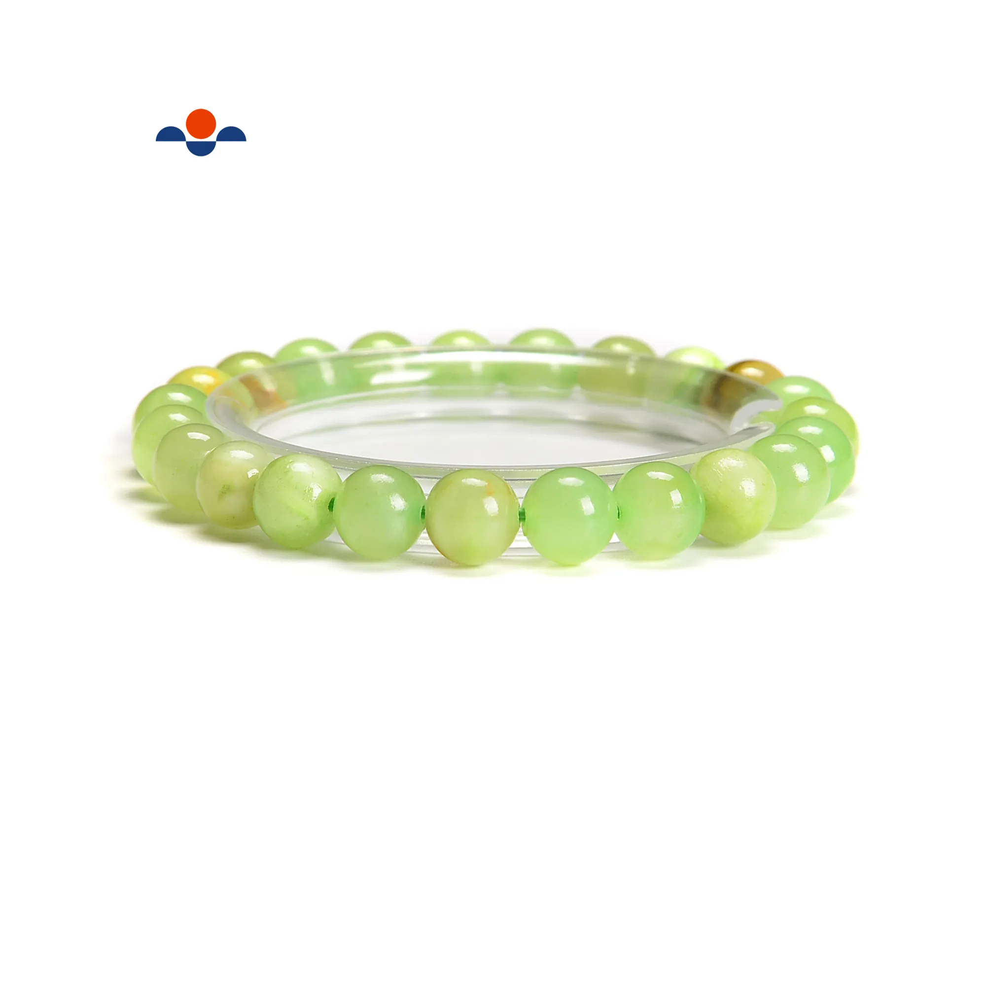 Green Flower Jade Smooth Round Beads Bracelet 7.5 inch