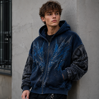 Sudadera con capucha personalizada para hombre, azul marino, con estampado gráfico, cremallera, oversize, de algodón grueso, forro polar, con tachuelas, estilo urbano