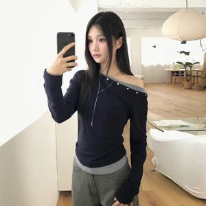 <b>Women</b> Contrast Color Layered Look Off Shoulder <b>Long</b> Sleeve <b>T</b> <b>Shirt</b> Slim Fit Casual Streetwear Bodycon Top - Product Image 3