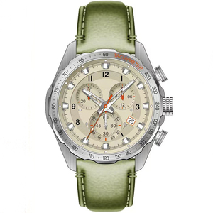 Orologio da Uomo Personalizzato con il Tuo Marchio e Design, Quadrante Dorato Lucido, Cronografo con Cinturino in Pelle Verde Erba e Cassa in Acciaio U3048 - Product Image 1