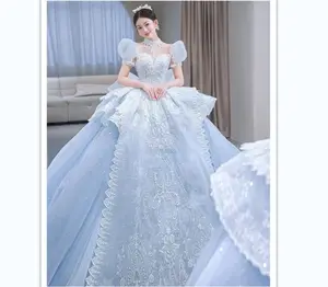 Abito da sposa blu 2023 nuova sposa stile francese stile retrò industria pesante coda senior