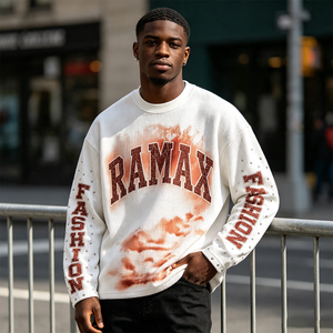 Custom Waffle <b>Knit</b> Vintage <b>Tie</b> Dye Letter Print Rivet Decor Boxy Cropped Long Sleeve T Shirt Men Streetwear Top OEM ODM MOQ50 - Product Image 6