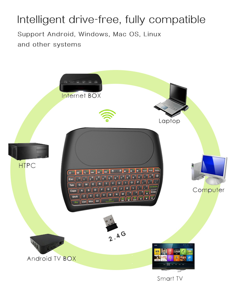 Dji — clavier couleur D8 double mode avec pavé tactile, 2.4 ghz, sans fil, télécommande, rétroéclairage, rechargeable