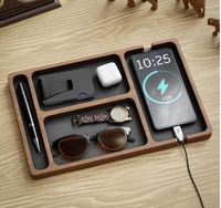 Plateau de rangement en bois personnalisé pour homme avec doublure en cuir PU, organiseur de chevet, plateau de rangement EDC, support pour clés et téléphone pour homme