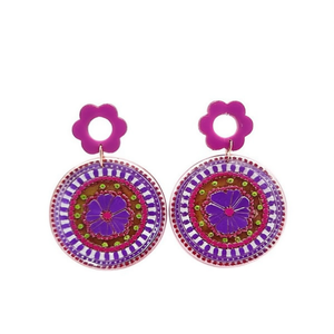 Orecchini pendenti alla moda con design mandala rotondo, motivo floreale viola, set da 12 pezzi - Product Image 1