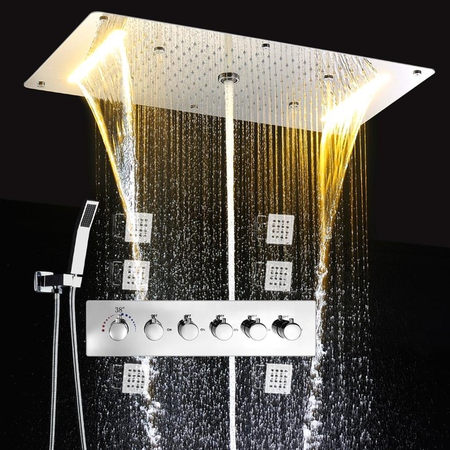 Bathroom Spa Massage Shower Head Set Wall Mounted Thermostatic Rainfall Waterfall Shower Faucet Set Kit