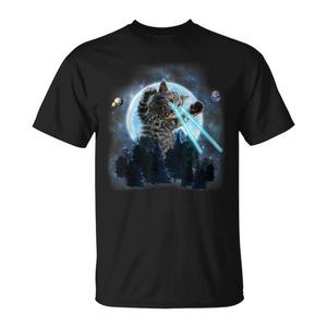 T-shirt imprimé amusant avec chat géant sortant de la forêt et tirant un laser, impression numérique, forme irrégulière, pour activités promotionnelles - Product Image 1