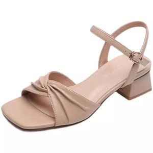 Elegant <b>Cream</b> Microfiber Heeled Sandals Square Toe Block <b>Heel</b> Buckle Closure Summer Women's Shoes - Product Image 2