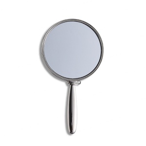 On Sale Round Silver Engraved Small Vanity Makeup <b>Compact</b> Hand <b>Mirror</b> with PU Pouch - Product Image 1
