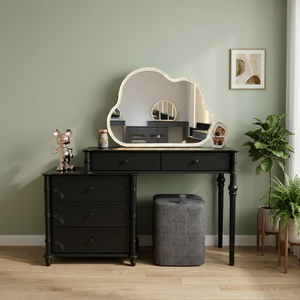 Modern Black Makeup <b>Vanity</b> Table with <b>Lighted</b> Cloud <b>Mirror</b> and Storage Drawers for Bedroom Furniture - Product Image 2