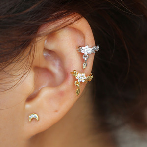 Promozione oro placcato <span class=keywords><strong>argento</strong></span> eleganza bella primavera senza Piercing polsino gioielli 5A CZ fiore foglia orecchino - Product Image 4