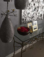 Table console rectangulaire pour la maison, style vintage rustique, inspirée de l'art, avec plateau en verre, design attrayant pour couloir