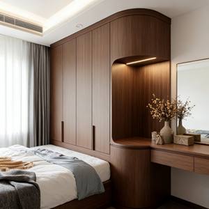 Armario de Madera de Lujo Personalizado para Dormitorio, Vestidor Integrado con Nicho de Exhibición de Vidrio y Tocador Incorporado - Product Image 6