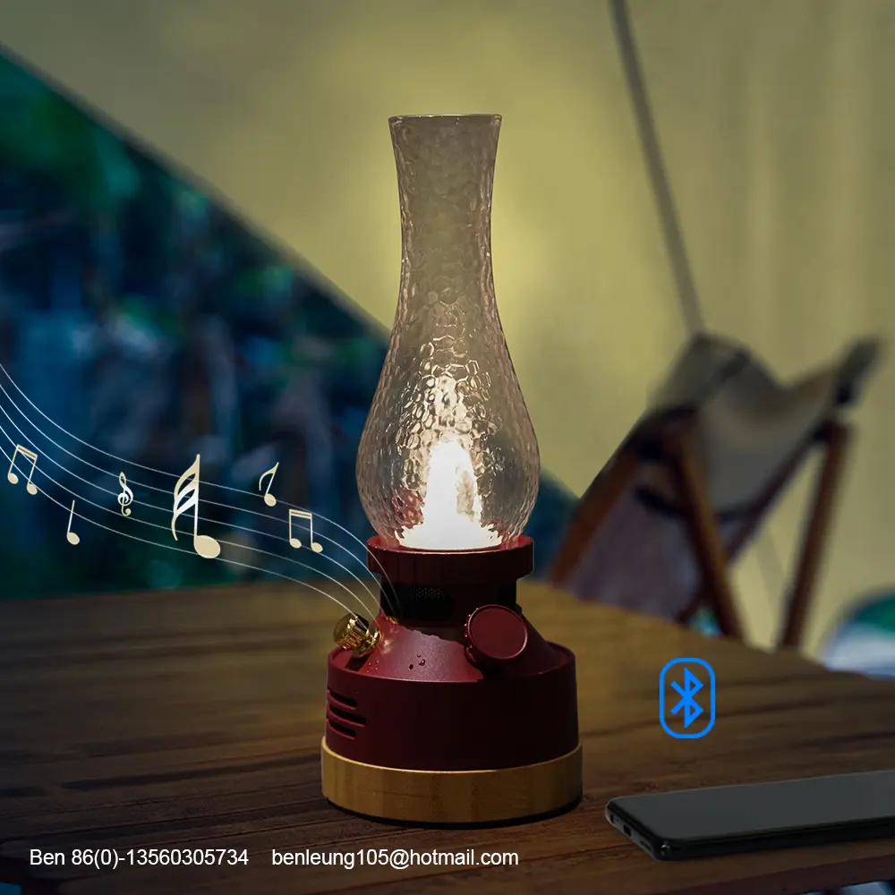 مصباح زيتي ليد متعدد الوظائف محمول خارجي مقاوم للماء قابل للشحن بمنفذ USB مصباح زيتي مع مكبر صوت بلوتوث بنك طاقة