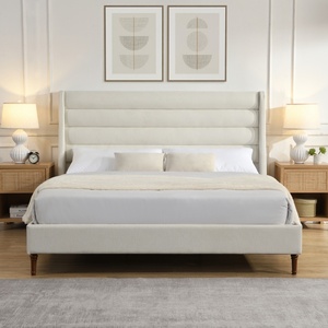 Cadre de lit King Size en chenille avec tête de lit haute et plateforme rembourrée à motif ondulé, lit plateforme moderne sans <span class=keywords><strong>sommier</strong></span>, ivoire - Product Image 2