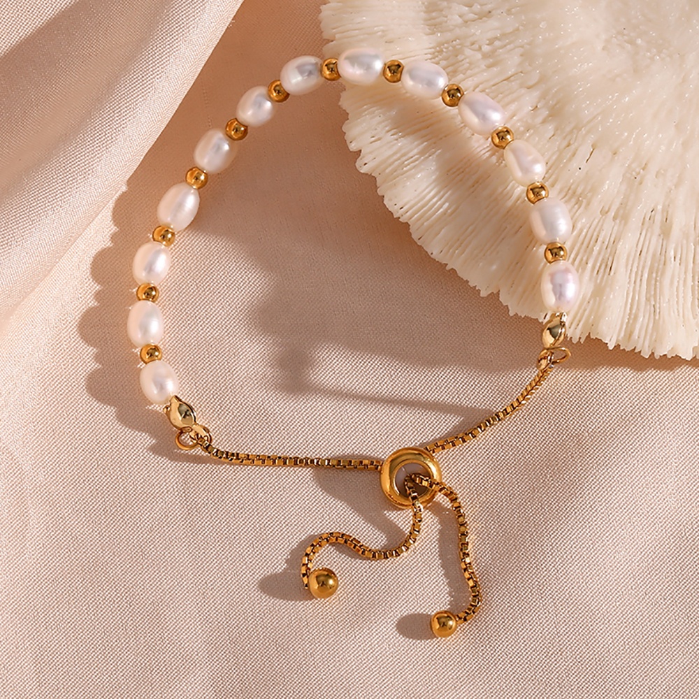 Unique Drawstring Fresh Water Pearl Bead Bracelet 18K Gold Plated Stainless Steel Chain Bracelet