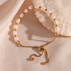 Unique <strong>Drawstring</strong> Fresh Water Pearl Bead <strong>Bracelet</strong> 18K Gold Plated Stainless Steel Chain <strong>Bracelet</strong> - Product Image 1