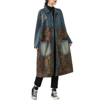 Manteau Trench en Jean Imprimé Patchwork Automne 2026 pour Femme, Coupe Ample, Boutonnage Simple, Longueur Mi-longue, Grandes Poches, Chic et Décontracté