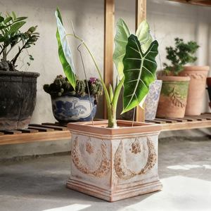 Pot en céramique gaufrée en terre cuite, style rustique, grande ouverture, finition émaillée, style romain, respirant, pour décoration de jardin, pot de fleurs avec drainage - Product Image 3