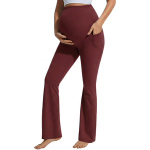 High Waist <b>Maternity</b> Yoga Leggings Solid Color Flared Leg With Pockets Tummy Control <b>Shapewear</b> Elastic Waist Full Length - Product Image 5