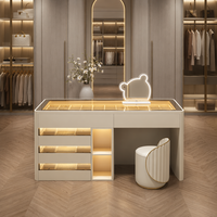 Coiffeuse de chambre en bois massif crème avec tabouret, plateau en verre avec éclairage LED, 3 tiroirs avant, étagères ouvertes, miroir LED intégré et ouverture pour les genoux