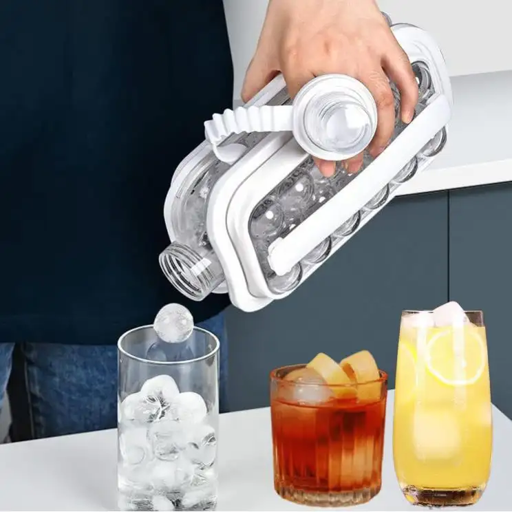 Amazon Hot Selling Portable New Fashion 2 In 1 Kitchen Pop Ice Ball Maker Mold Round Ice Cube Tray With Lid And Bin