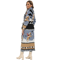 Herbst Winter Bohème Jacquard Strickjacke Damen Vintage Langarm Extra Langer Pullover Mantel