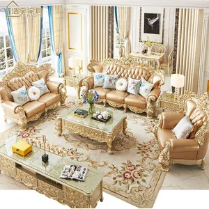 Viersitzige Luxus-Sofa garnitur im europäischen Stil, antike Holzsofa garnitur, hochwertiges Leders ofa im Wohnzimmer