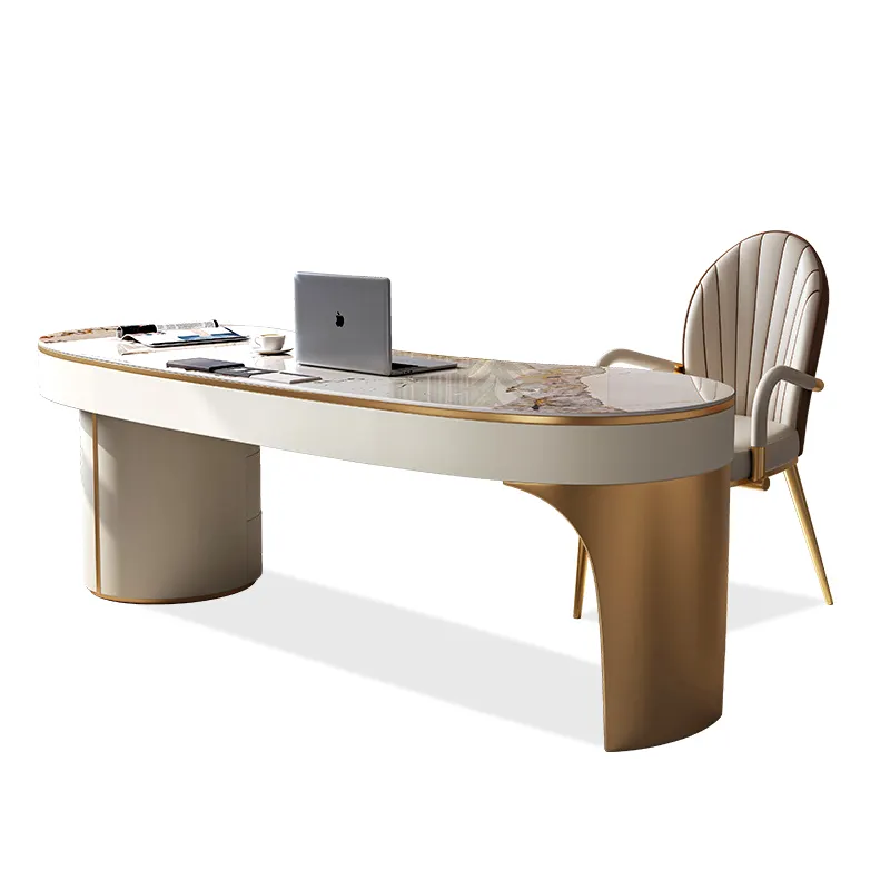 Luxury gold stainless steel computer table,sintered stone working desk for home office,modern design boss table