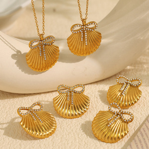 Stainless Steel Shell Bow Rhinestone Earrings And Necklace <b>Set</b> Women's Party Jewelry Fashion Gold Tone <b>Crystal</b> Claw Setting - Product Image 1