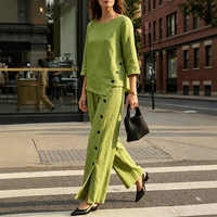 Ensemble décontracté femme 2026 : chemise en lin mélangé et pantalon large, tenue deux pièces boutonnée à ourlet irrégulier pour printemps-été