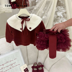 Tongxingyuan Girls Knitted Sweater Set Red Thickening Solid Color Two Piece Outfit For New Year - Product Image 1