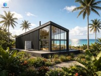 Maison préfabriquée modulaire en métal noir avec grandes fenêtres vitrées pleine hauteur, design moderne pour villa de glamping, bureau ou bâtiment