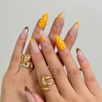 Ongles à presser en acrylique style Meilade automne, motif feuille d'érable peinte à la main, jaune caramel, pois, French manucure, forme amande, personnalisables