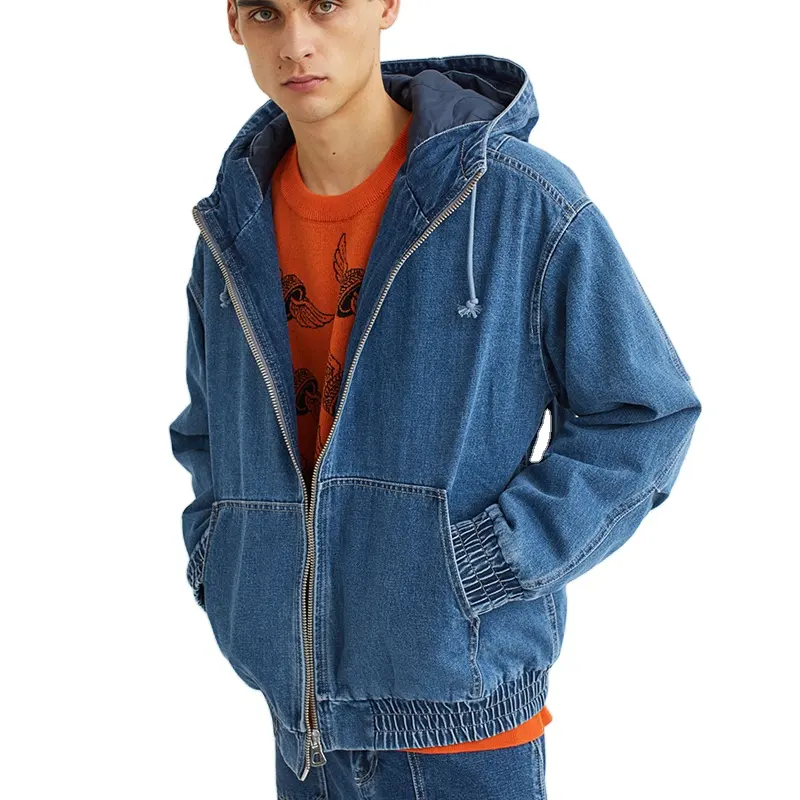 New Design Casual Stylish Men Blank Color Multi-Pockets Stand-Up Collar Padded Cotton Denim Hoodie Jacket