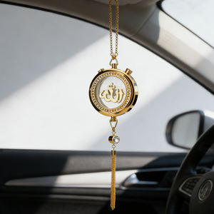 Ornement de voiture à suspendre avec chaîne, <span class=keywords><strong>Allah</strong></span> Muhammad, pendentif rond en métal avec strass, calligraphie arabe, cadeau musulman pour l'Aïd et le Ramadan - Product Image 2