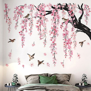 Grandes Décorations Murales Autocollantes en Forme de Branche d'<span class=keywords><strong>Arbre</strong></span> à Fleurs Roses, Motif Floral de Cerisier et Oiseaux, Écologiques et Imperméables, pour Décoration de Salon - Product Image 1